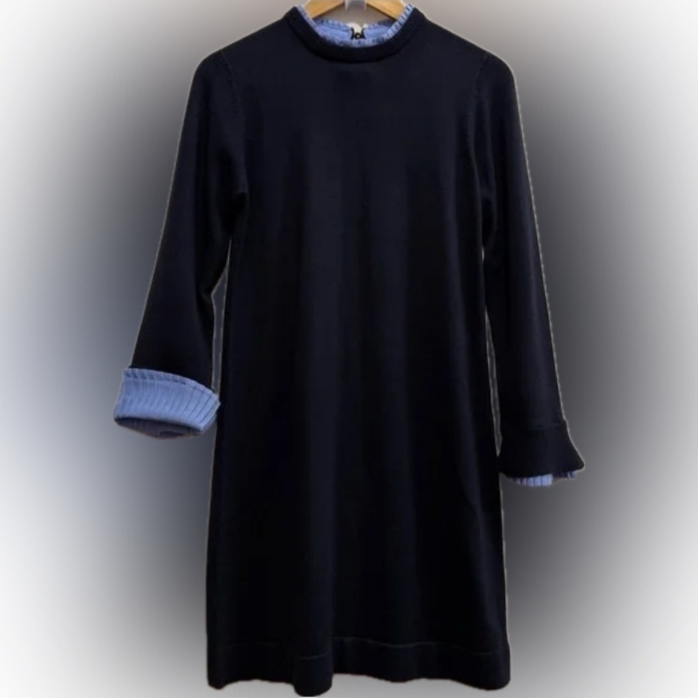 Vince camuto sweater dress in navy w accent ruffle/ pleated neck and sleeve trim